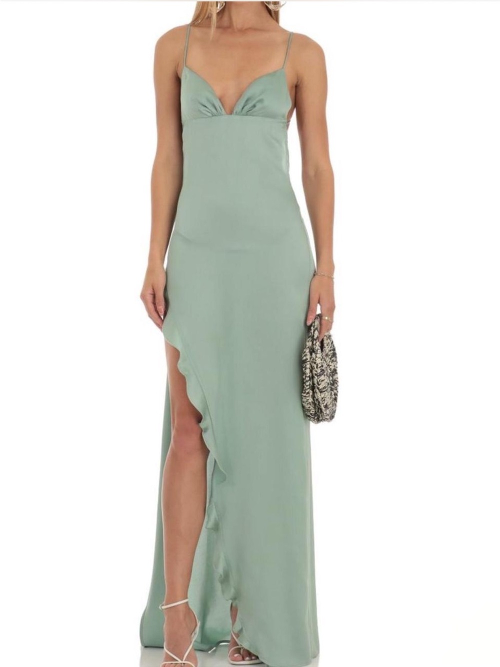 Lucy in the Sky Sage Green Satin High-Low Ruffle Slip Dress